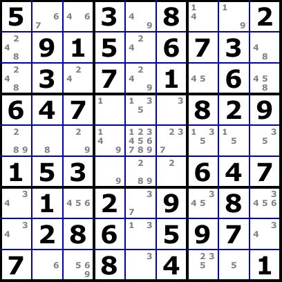 4(34) Figur 1: Ett klassiskt 9 9 sudokupussel. De mindre sifforna representerar cellens kandidater.