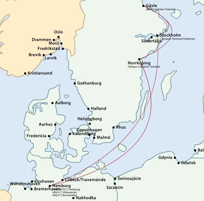 Figur 8 Exempel på en feeder-slinga från hamnar på ostkusten med destination i kontinental bashamn (Baltic Transport Maps) Exempel på nord-sydliga rutter är Nord-Sydeuropa, Nord-Sydamerika,