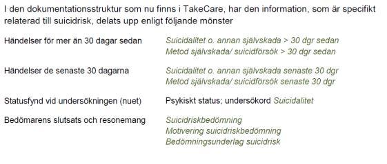 Reviderad Beslut 2010-10-06 2014-06-12 Verksamhetschef Göran Rydén Manual för strukturerad dokumentation av suicidriskbedömning i journalsystemet TakeCare 2016-03-22 Från Regionala vårdprogrammet för