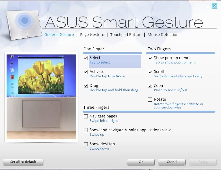 3. I ASUS Smart Gesture-fönstret, markera Rotate (Rotera) och objekten under Three fingers (Tre fingrar). 4.