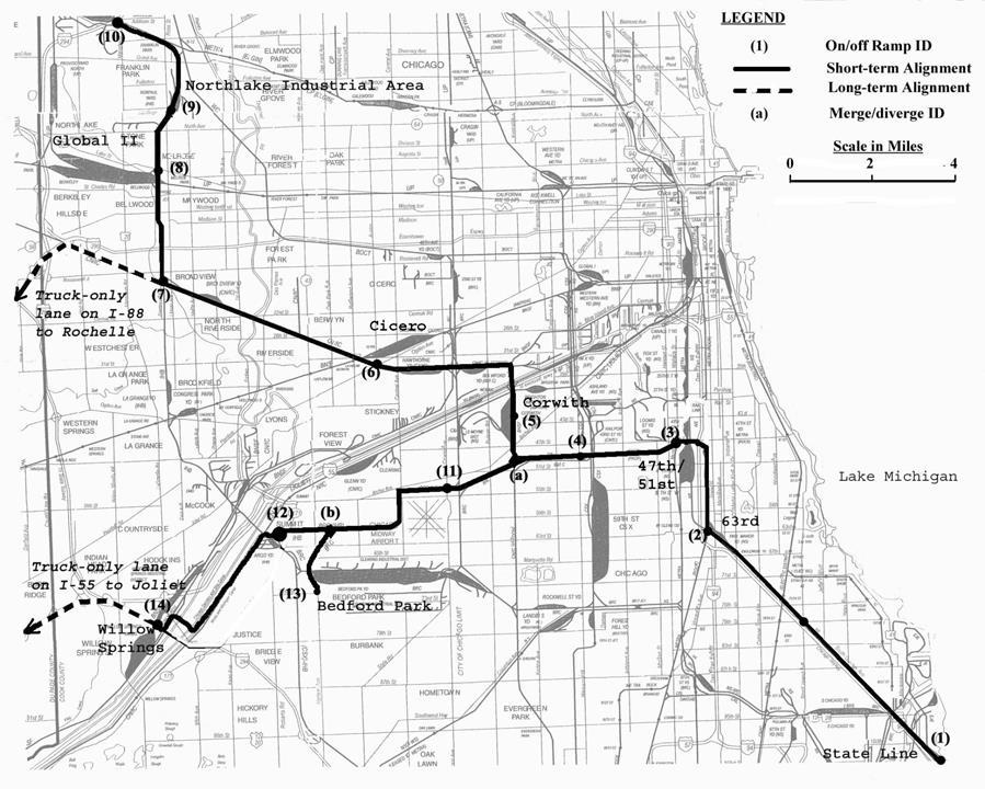 Figur 5.8 Förslag till separat lastbilsled mellan terminaler i Chicago-området. Total längd ca 70 km. Kolonnkörningen beräknas fördubbla kapaciteten hos lastbilsleden.