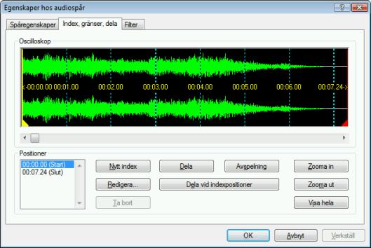 Video Inmatningsfältet Pause Inmatningsfältet ISRC (International Standard Recording Code) Skydd Övertona med föregående spår Här anger du längden i sekunder eller i bildrutor för pausen mellan den