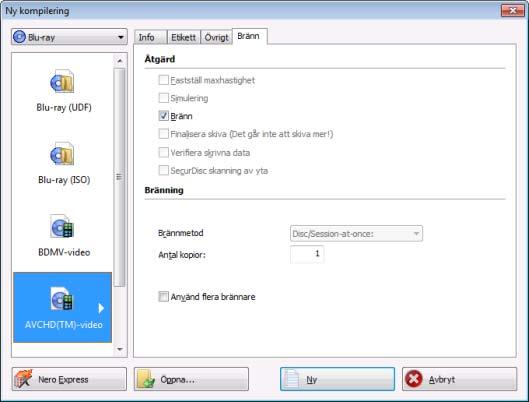 Video Gör så här om du vill kompilera en AVCHD-videoskiva: 1. Välj alternativet DVD eller Blu-ray i listrutan i fönstret Ny kompilering.
