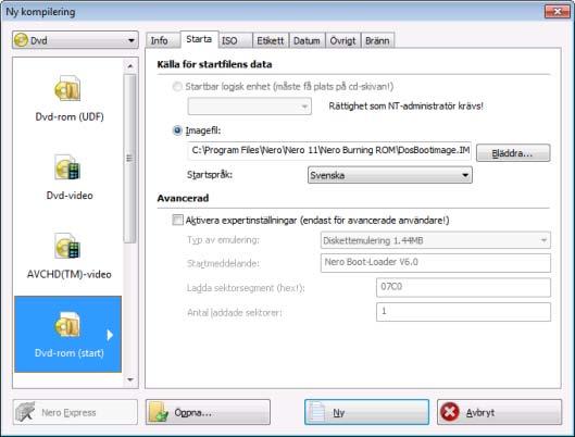 Startskiva 7.3 Framställa och bränna en startskiva Gör så här om du vill skapa en startskiva: 1. Gå till huvudfönstret i Nero Burning ROM och klicka på Ny. Fönstret Ny kompilering öppnas. 2.