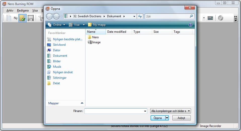 Läsa in en avbildningsfil 8 Läsa in en avbildningsfil Nero Burning ROM kan används för att bränna en skiva från en avbildning av en skiva som du har sparat på hårddisken.