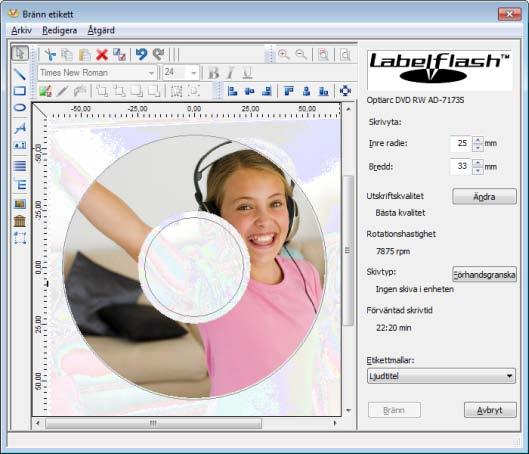 Labelflash 10 Labelflash Om du har en Labelflash-brännare kan du skriva ut en etikett på etikett- och/eller datasidan av en Labelflash-dvd.