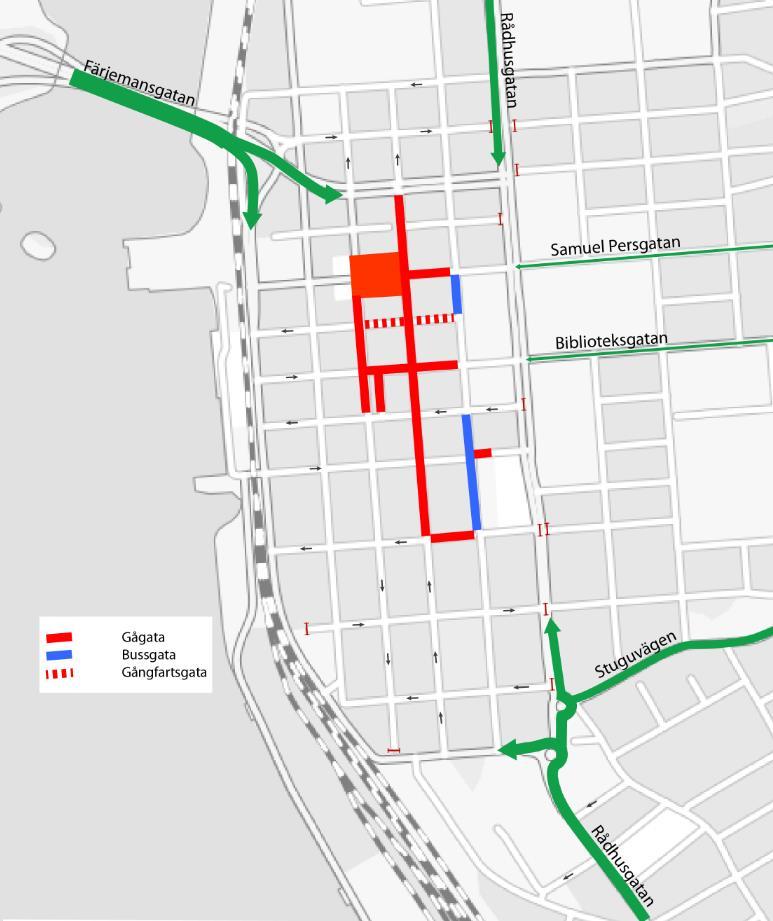 6 Domusgaraget Tullgatan Gränsgatan Figur 2-2 Huvudsakliga infartsvägar till Östersunds centrum (Pilarnas tjocklek står i proportion till trafikmängd).