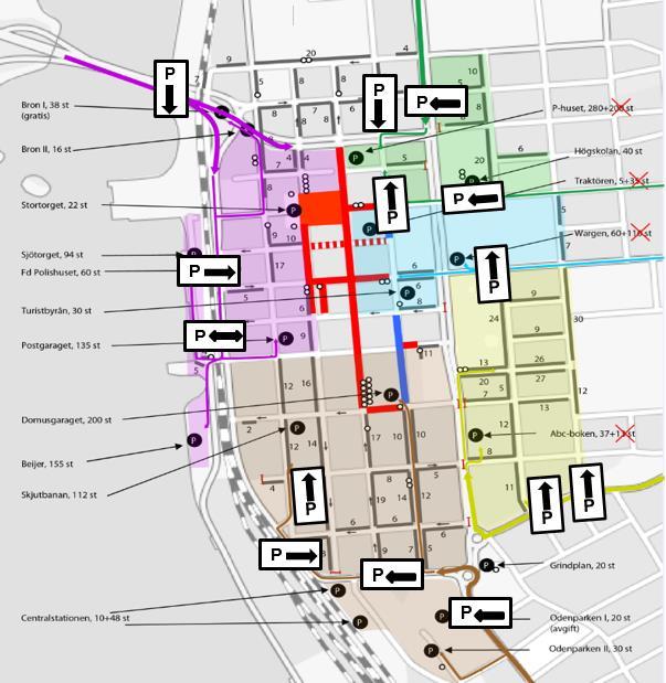 21 Zon 4 (gul): I denna zon finns ingen enskild anläggning som har ledig kapacitet. Istället skyltas P Centrum in i zonen utan att ange en specifik anläggning.