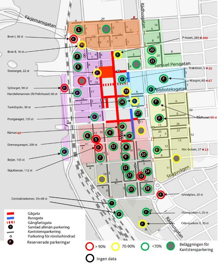 Figur 3-5 Karta med beläggning på varje enskild p-yta en lördag mellan 14:00-15:00 (allmänt tillgängliga och förhyrda parkeringsplatser har slagits samman för de ytor där båda regleringarna existerar