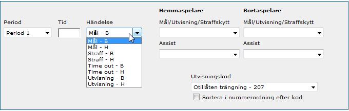 Vid inläggning av händelser under matchens gång finns det viktiga saker att komma ihåg: 1. Vilken period - Period-droplisten 2. Tid (anges ex 12:23) 3.