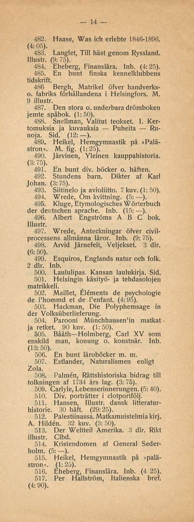 14 482. Haase, Was ich erlebte 1846-1896. (4: 05). 483. Langlet, Tili häst genom Ryssland. (9:75). 484. Eheberg, Finanslära. (4:25). 485. En bunt finska kennelklubbens tidskrift.