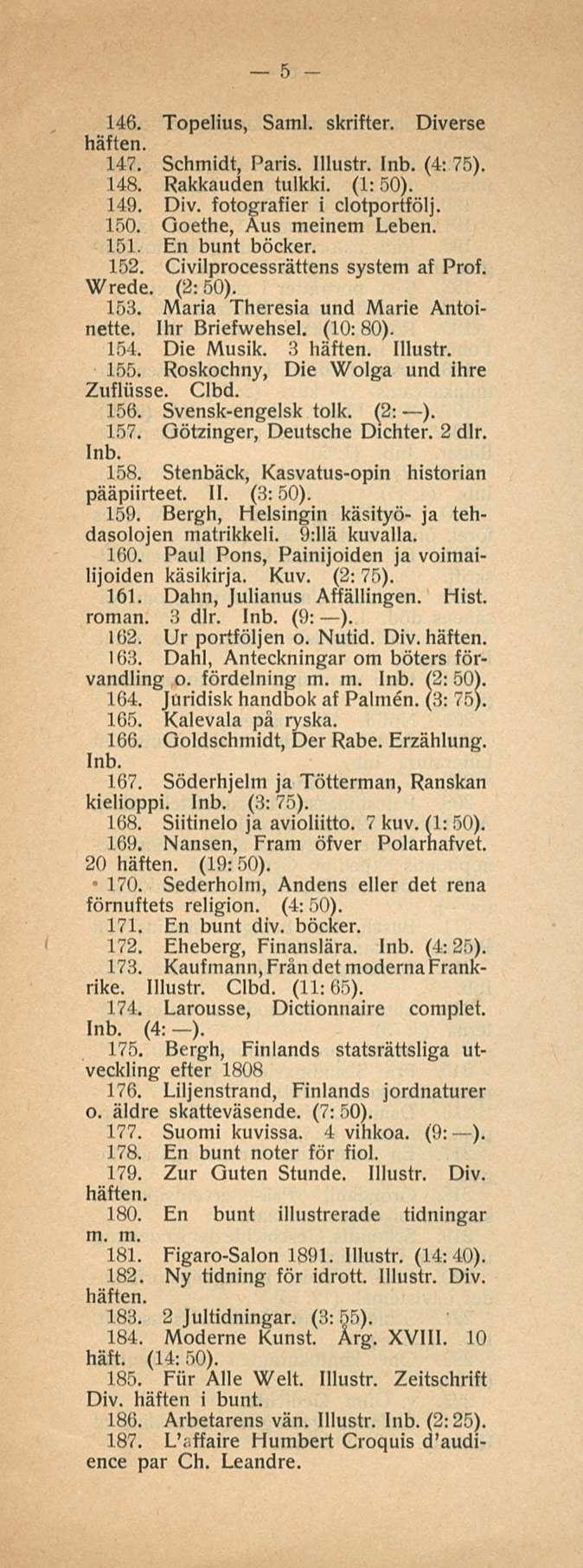 170. 5 146. Topelius, Sami. skrifter. Diverse häften. 147. Schmidt, Paris. (4: 75). 148. Rakkauden tulkki. (1:50). 149. Div. fotografier i clotportfölj. 150. Goethe, Aus meinem Leben. 151.