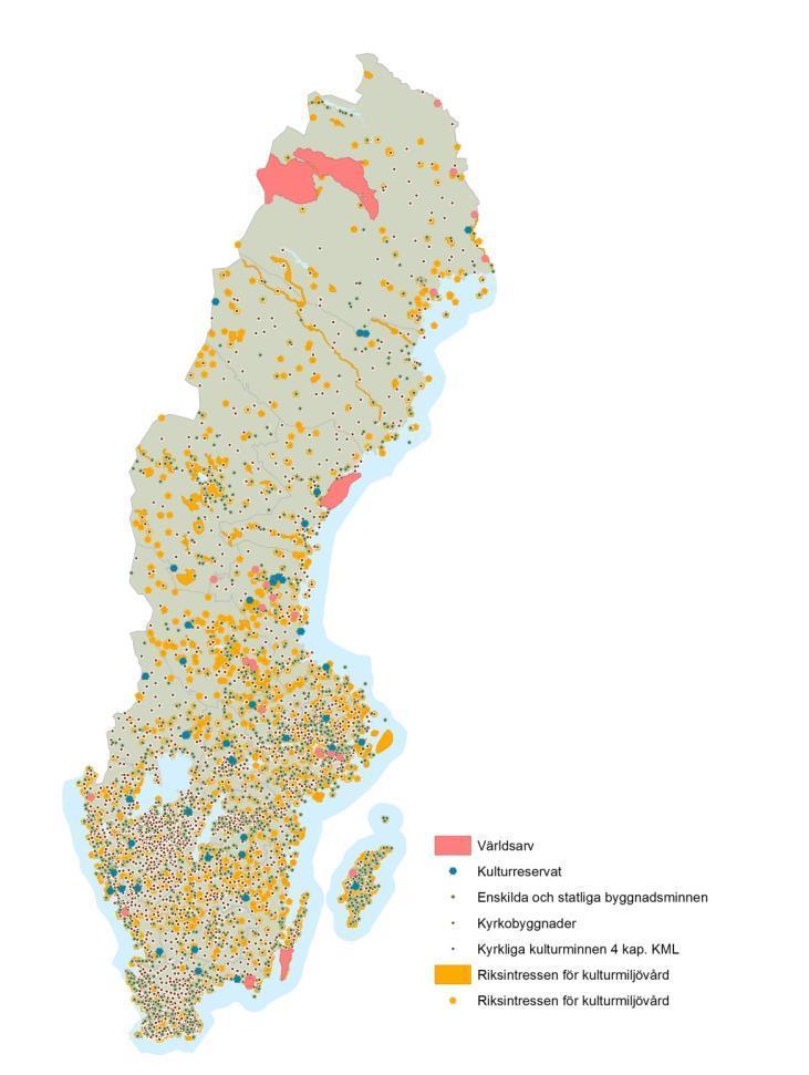 Materiellt kulturarv Ett axplock: 15 världsarv 43 kulturreservat 1 771 områden för riksintresse för kulturmiljövården 2 500 byggnadsminnen 3 700 kyrkor med