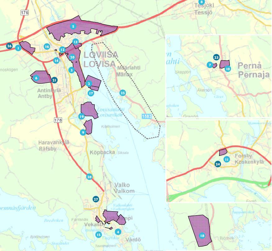 Bild 10.1.1-2. Lovisa stads planer som är under beredning (utdrag ur Lovisa stads planläggningsöversikt 2014). 10.1.2 Åtgärder för skydd av samhällsteknik Till åtgärder som minskar översvämningsrisk räknas i detta sammanhang även åtgärder för skydd av infratekniska byggnader och anordningar.