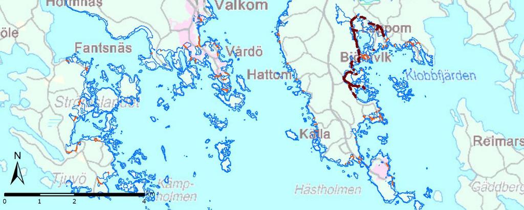 Gat- och vägsträckor som måste avstängas vid en havsöversvämning (längs vilka finns permanent bosättning).