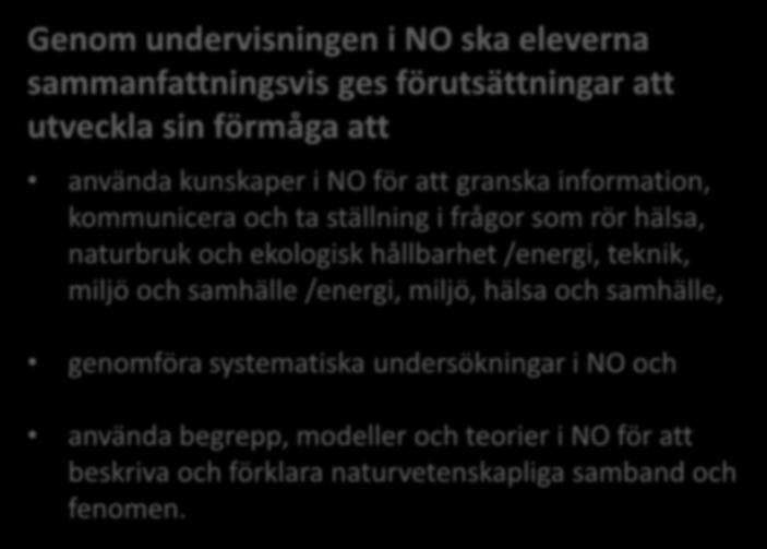 Att tydliggöra målen syfte Kursplan SYFTE CENTRALT INNEHÅLL KUNSKAPS- KRAV Genom undervisningen i NO ska eleverna sammanfattningsvis ges förutsättningar att utveckla sin förmåga att använda kunskaper