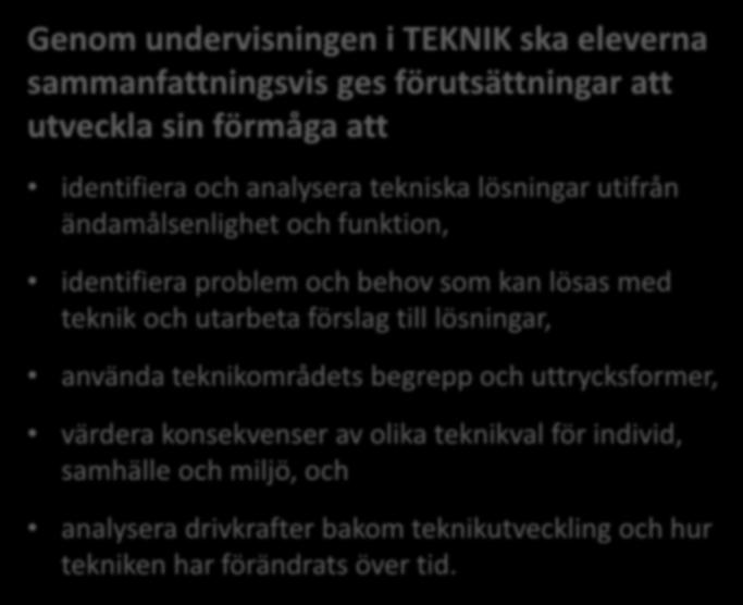 Att tydliggöra målen syfte Kursplan SYFTE CENTRALT INNEHÅLL KUNSKAPS- KRAV Genom undervisningen i TEKNIK ska eleverna sammanfattningsvis ges förutsättningar att utveckla sin förmåga att identifiera