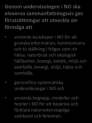 Att tydliggöra målen syfte och kunskapskrav Kursplan SYFTE CENTRALT INNEHÅLL Genom undervisningen i NO ska eleverna sammanfattningsvis ges förutsättningar att utveckla sin förmåga att använda