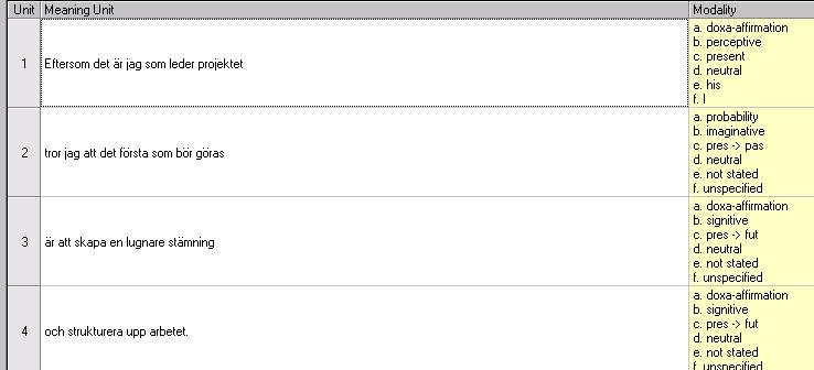 Meningsenheter och modaliteter Första steget i epochén är att dela in den erhållna texten i mindre meningsenheter. Syftet här är att finna den rena och uttryckta betydelsen.