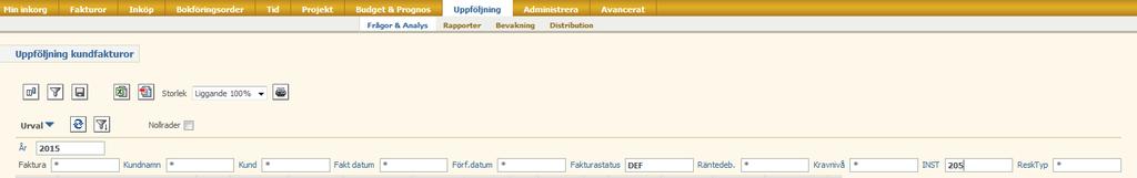 Övning 8 Avstämning obetalda fakturor Välj Uppföljning/Frågor & Analys/Fakturor/Uppföljning