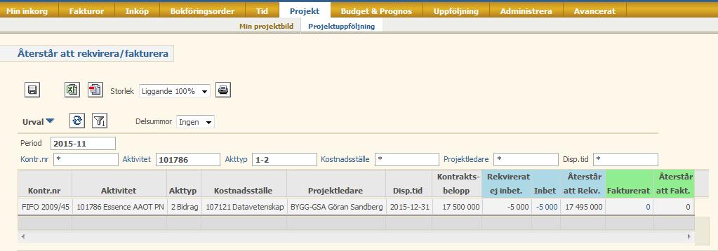 Övning 9 Projektrapport Välj Projekt/Projektuppföljning/Bidrag/Återstår att rekvirera/fakturera a) Välj önskad period. b) Sätt * i Kontr.