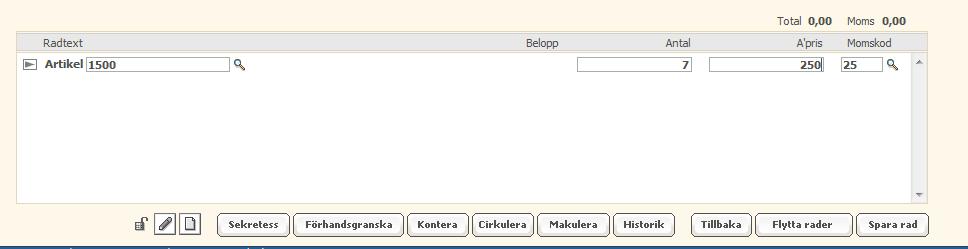 3 a) Välj pilen framför radtext, tills du kommer til Artikel. Ställ markören i förstret och välj förstoringsglaset. Markera stämplar. Tryck OK. b) Antal. Skriv tex. 7, tryck tab. c) A pris.