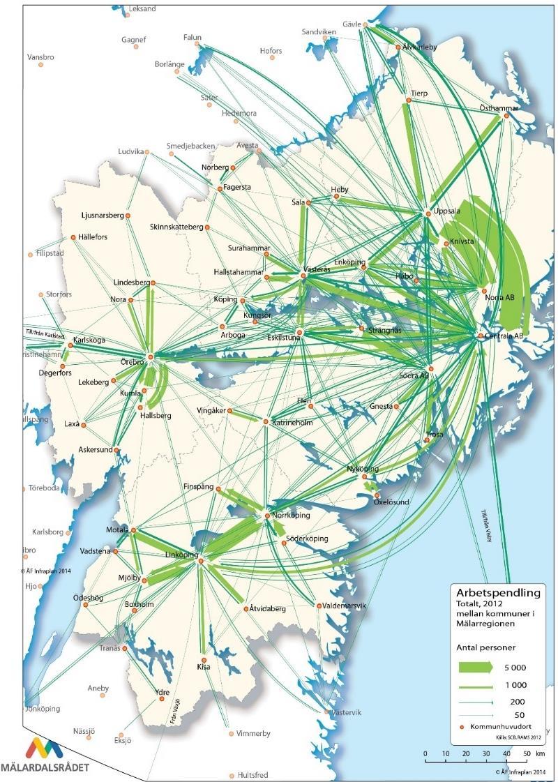 Figur 15. Arbetspendling i Mälardalen-Östergötland år 2012.