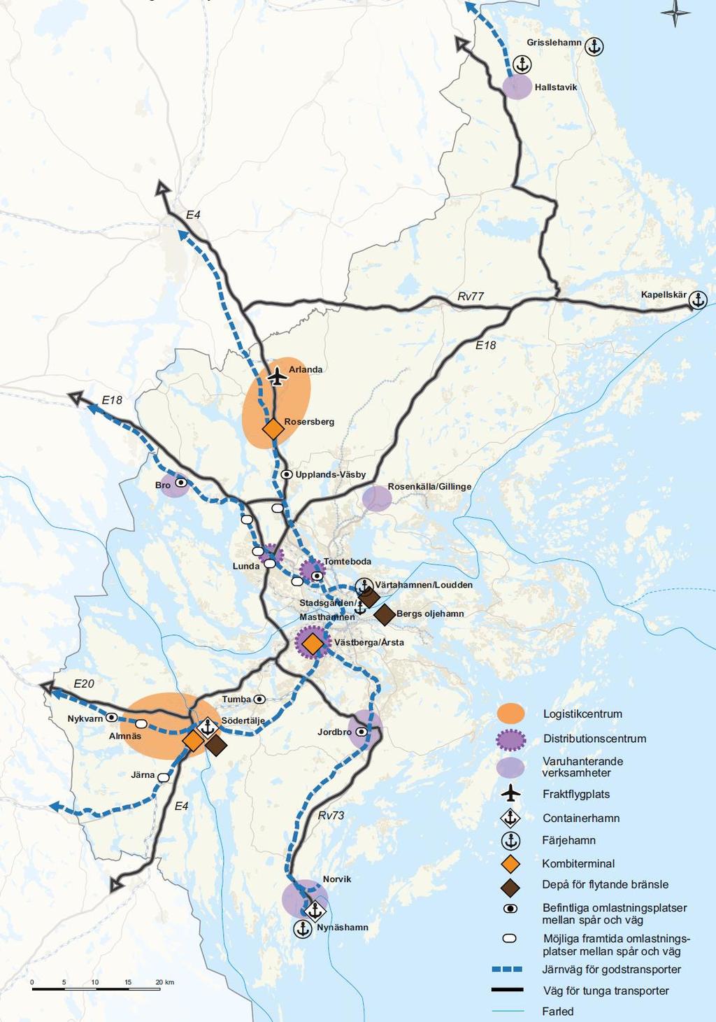 51 (118) Figur 17. Infrastruktur för gods från RUFS 2010. En slutsats från arbetet med godsfrågor i En bättre sits 26 är att det finns omfattande kapacitetsbrister på järnväg.