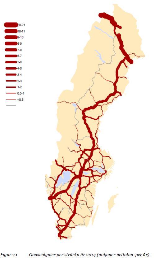 53 (118) Figur 18. Modellberäknade godsvolymer på järnväg. Till vänster läget år 2014 och till höger förändringen fram till år 2040.