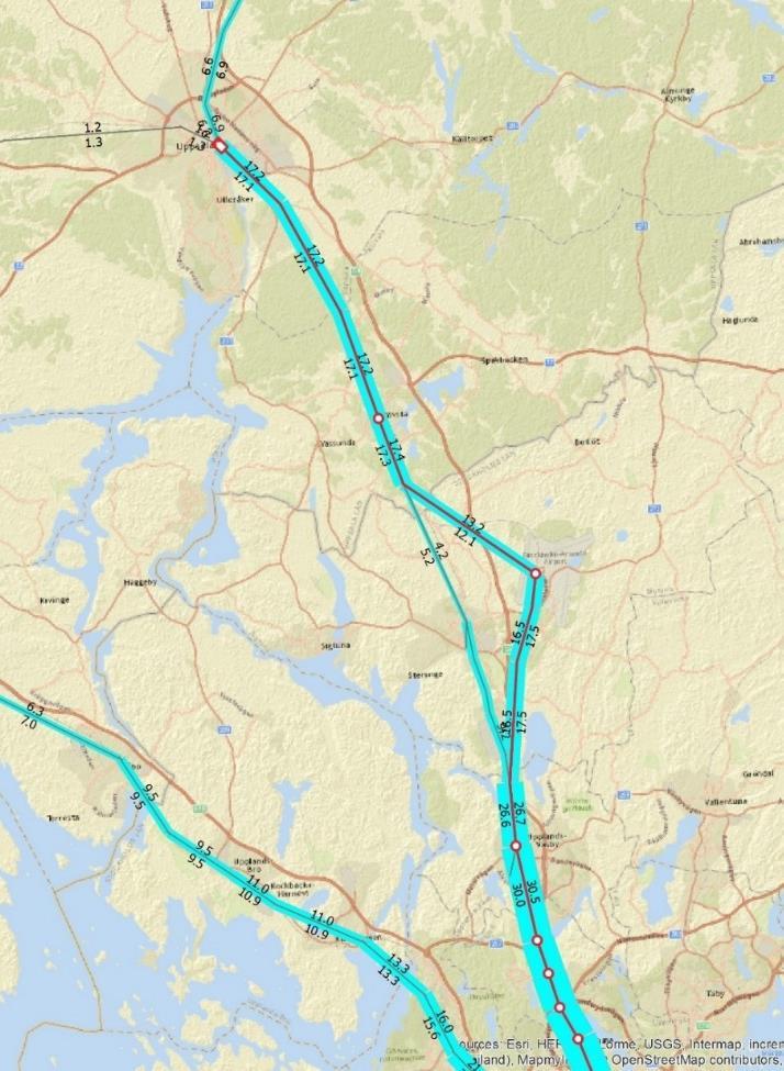 64 (118) Figur 27. Resenärsflöden i nulägesanalys (1000-tals resenärer per årsmedeldygn ÅMD) Nedan visas en modellberäkning av antal på- och avstigande på stationer i stråket.