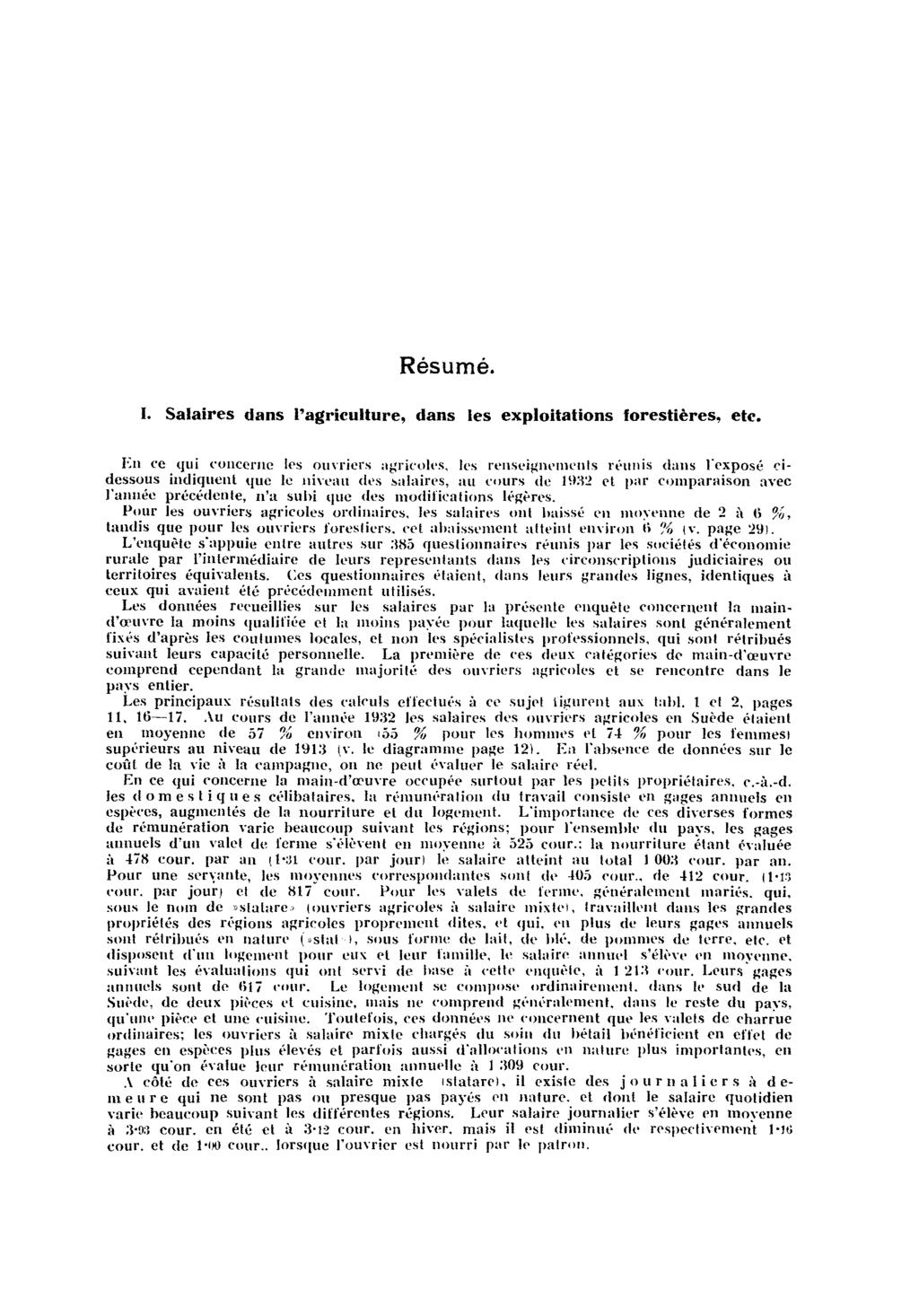 Résumé. I. Salaires dans l'agriculture, dans les exploitations forestières, etc.