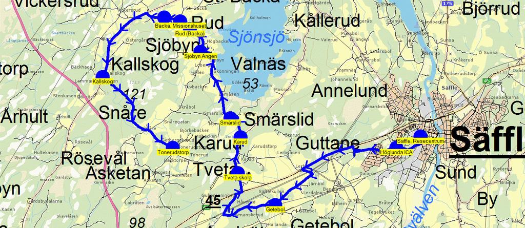 2015-12-07 08:53:16 Karta för Tur 172 M - F Fordon 8569 Skolbuss 10 172 13.15 13.55 Säffle, Resecentrum - Höglunda ICA - Getebol - Tveta skola 13.