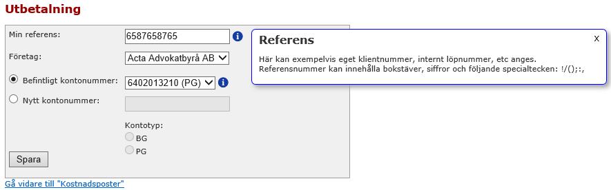 Markera eller klicka på i för att visa informationstexten för fältet. Om du klickat på i så ligger informationstexten kvar.