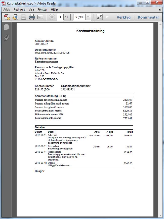 En lista över kostnadsräkningar som skickats visas.