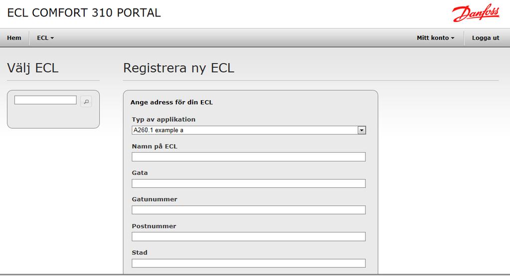 ECL Portal konfigurerar sitt användargränssnitt automatiskt mot bakgrund av den tillämpning som är installerad i ECL Comfort 296 / 310. I det här exemplet är tillämpningsnyckeln A260.1 installerad.