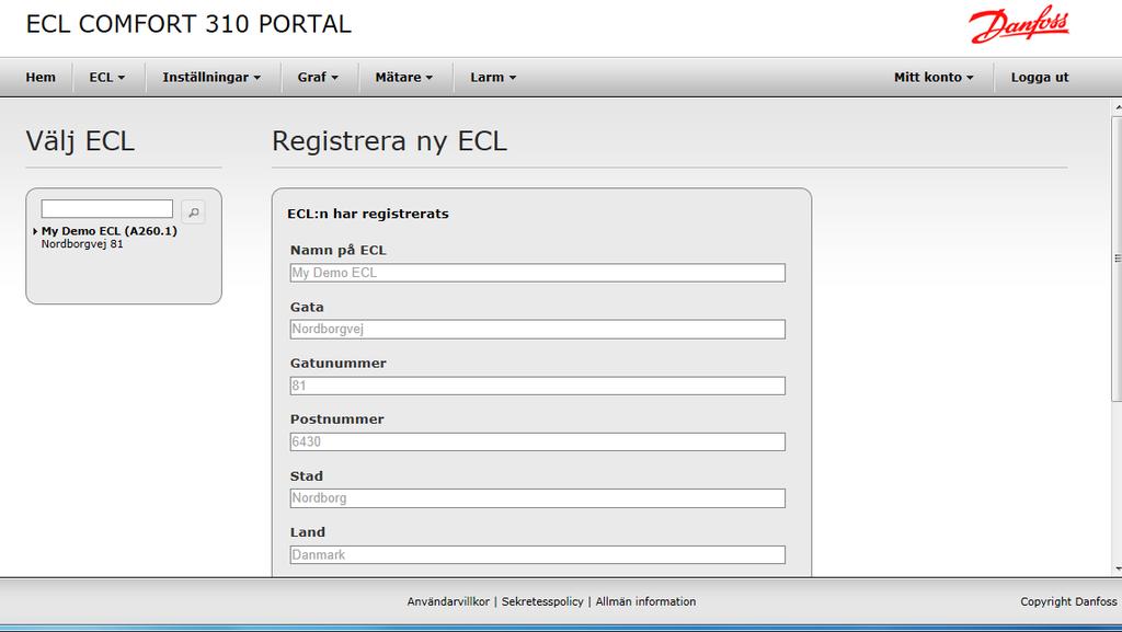Klicka på Registrera för att registrera ECL Comfort 296 / 310 regulatorn på ditt konto.