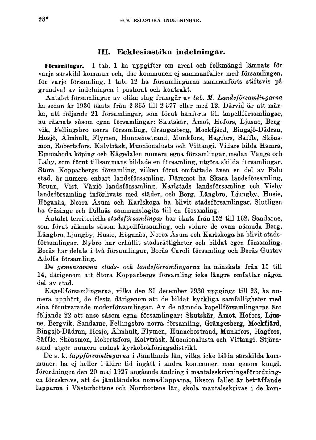 28* ECKLESIASTIKA INDELNINGAR. III. Ecklesiastika indelningar. Församlingar. I tab.