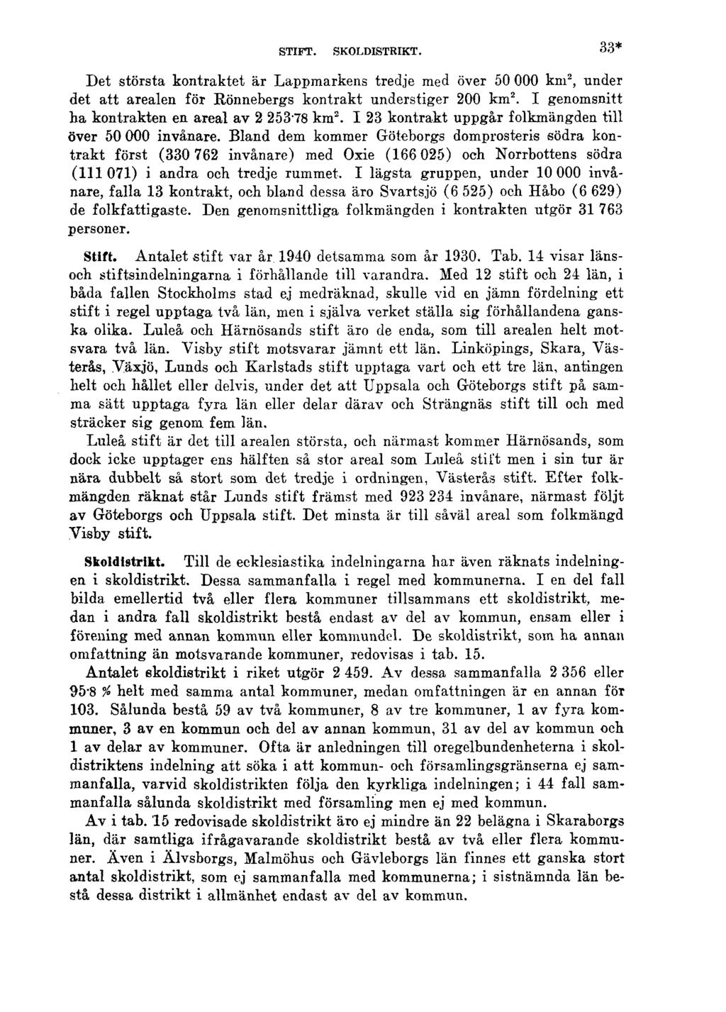 STIFT. SKOLDISTRIKT. 33* Det största kontraktet är Lappmarkens tredje med över 50 000 km 2, under det att arealen för Rönnebergs kontrakt understiger 200 km 2.