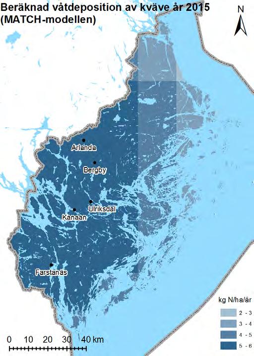 Resultat Beräknad våtdeposition av kväve år 2015 Figur 3 visar beräknad våtdeposition från MATCH-modellen år 2015 [7, 8].