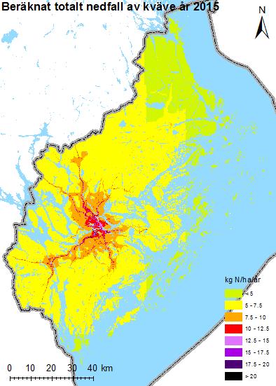 Beräknad totaldeposition av kväve år 2015 Figur 4 visar beräknad totaldeposition av kväve i Stockholms län år 2015.