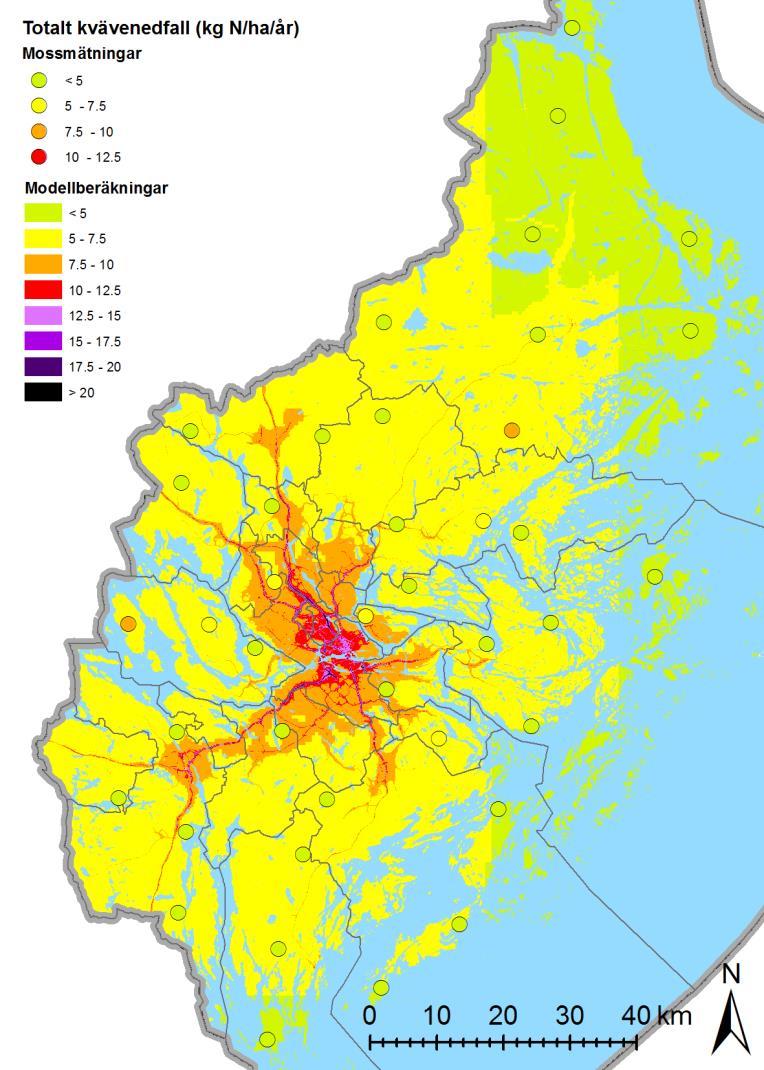 Figur 7. Beräknad totalt nedfall av kväve i Stockholms län år 2015 jämfört uppskattad deposition utifrån uppmätt kväveinnehåll i mossa. Figur 8.