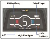 Förbättrad batteriindikator: Visar batteriets status USB Laddnings port: Sitter på undersidan av handtaget. Öppna luckan för att ladda GPS eller mobil enhet.