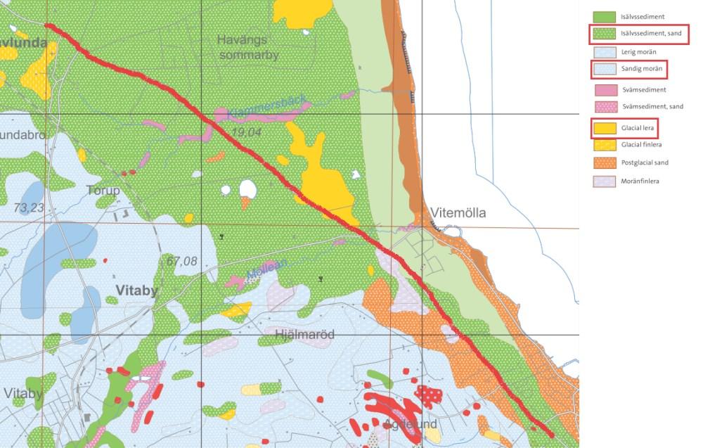 Här har det fria vattnet noterats på följande nivåer (RH2000): Punkt nr 24 25 64 Markyta +12,5 +9,7 +11,6 Grundvattenyta +10,6 +8,7 +10,1 Grundvattenytans läge (meter under markytan) 1,9 1,0 1,5