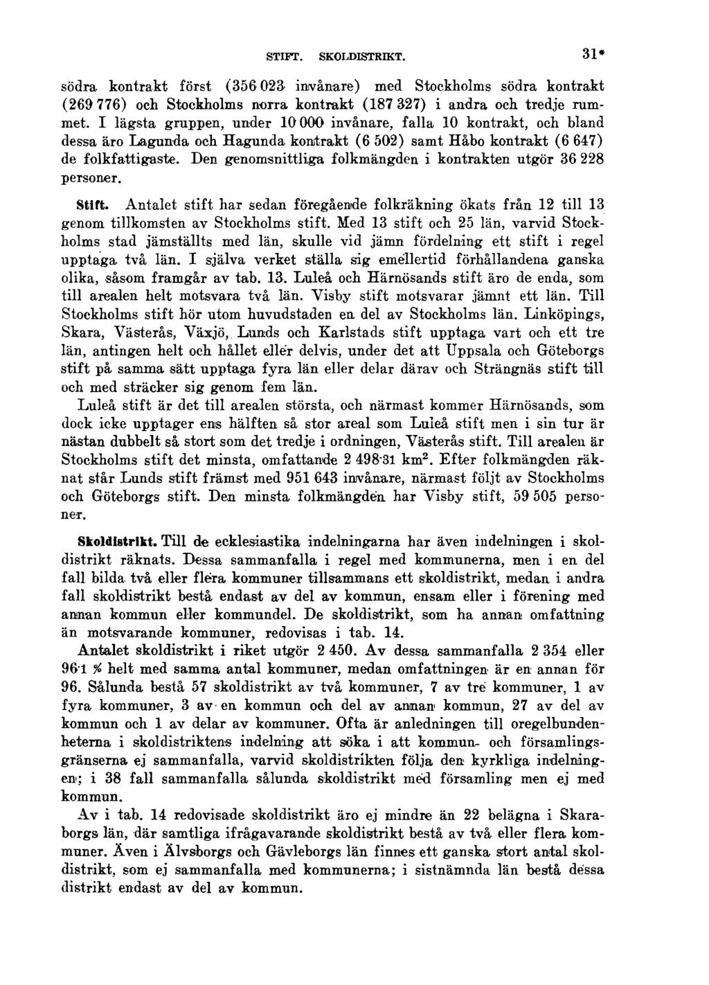 STIFT. SKOLDISTRIKT. 31* södra kontrakt först (356023 imvånare) med Stockholms södra kontrakt (269 776) och Stockholms norra kontrakt (187 327) i andra och tredje rummet.