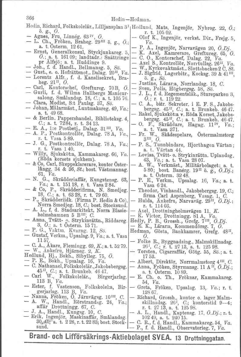 366 HedinHedman. Hedin, Richard, Folkskolelär., Lilljansplan 3 1 Hedlund, Mats, Ingenjör, Ö. g., O. " r. t. 105 02. Nybrog. 22, O.; Agnes, Fru, Linneg. 63 IV, O. L. Ch.,.. Fröken, Braheg. 29 III.. ö.