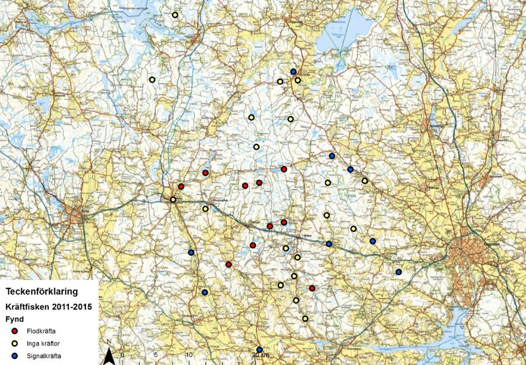 Resultat Under de fem inventeringsåren har provfiske utförts på 38 lokaler (figur 1). På 10 av lokalerna påträffades flodkräfta, varav 3 av lokalerna var vattendrag och 7 var sjöar.