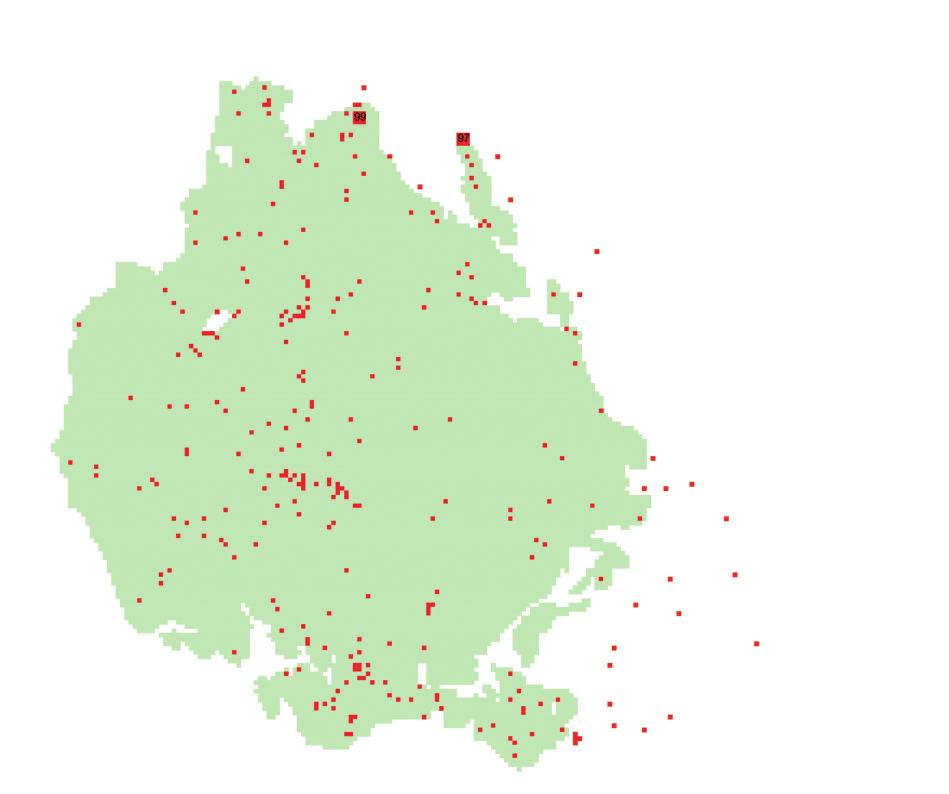 99 97 Karta 1. Fyndplatser för observerade ringtrastar i Uppland under våren. För de två fyndplatser med störst antal fåglar har siffran angivits.