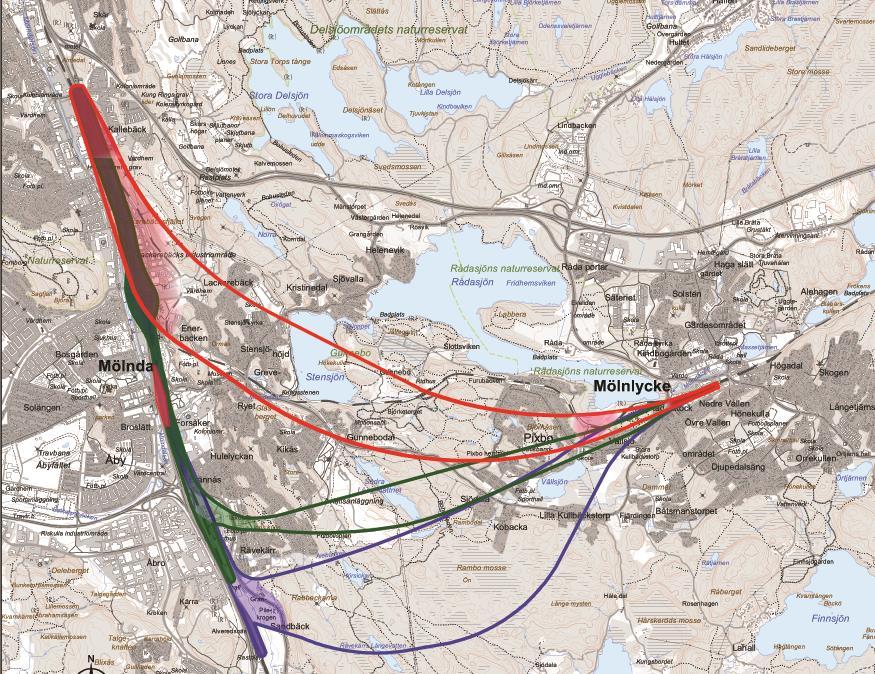 Linjerna representerar korridorgräns Bergpåslag i brant terräng Risk för påverkan på Mölndalsån Sträckning inom naturreservat och vattenskyddsområde 20 Påverkan på befintliga vattendrag Bostäder inom