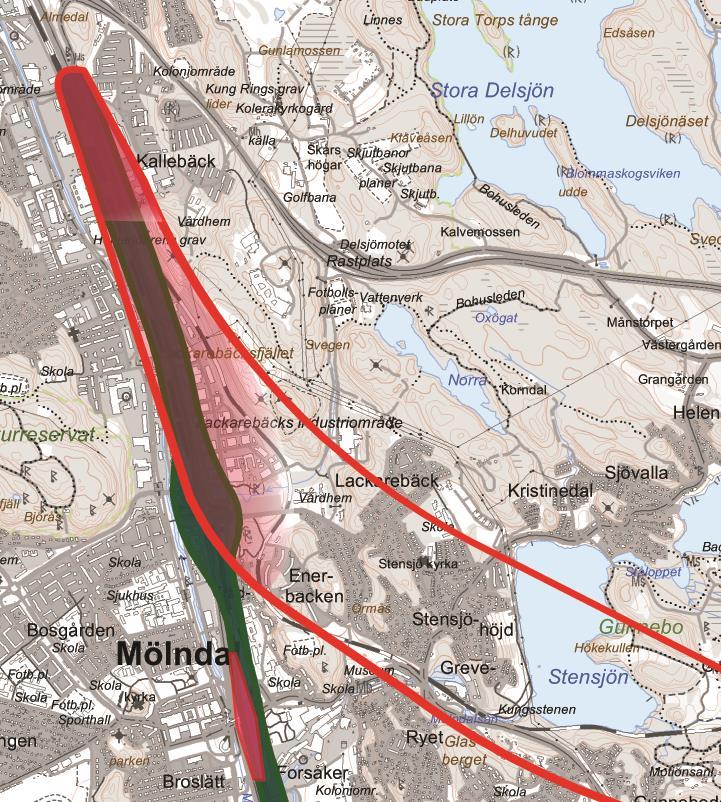 Linjerna representerar korridorgräns Norra delen Bro eller tunnel Område för ombyggnad av Lackarebäcksmotet.