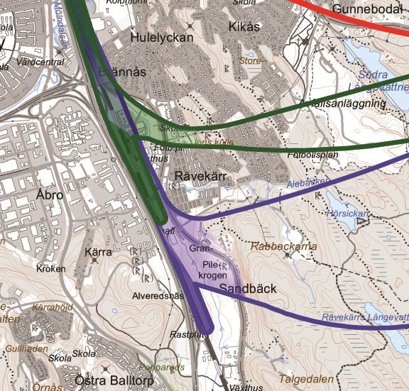 Linjerna representerar korridorgräns Bro eller tunnel Södra delen